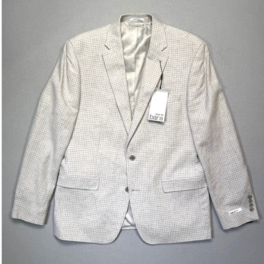 Bar III Men's Slim-Fit Linen Plaid Sport Coat Natural Grey 44R $295